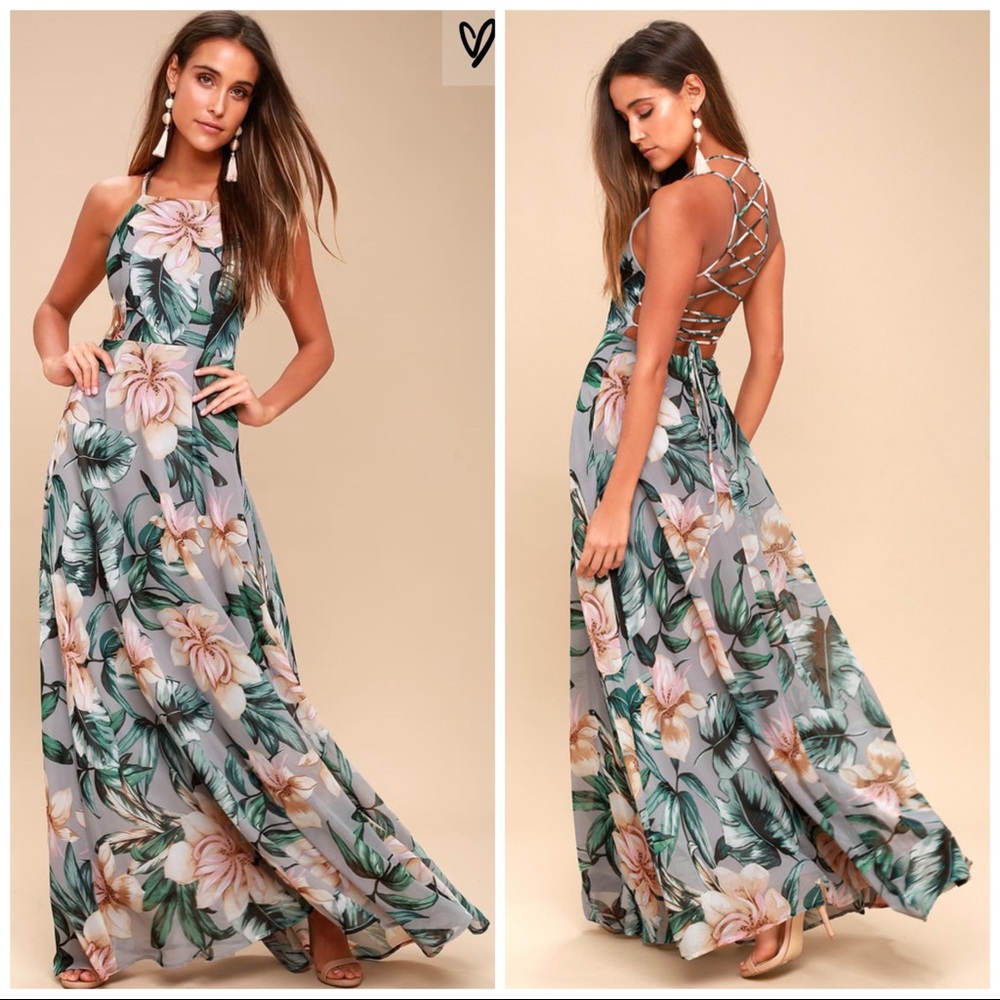 Love Abloom Grey Floral Print Lace Up Maxi Dress